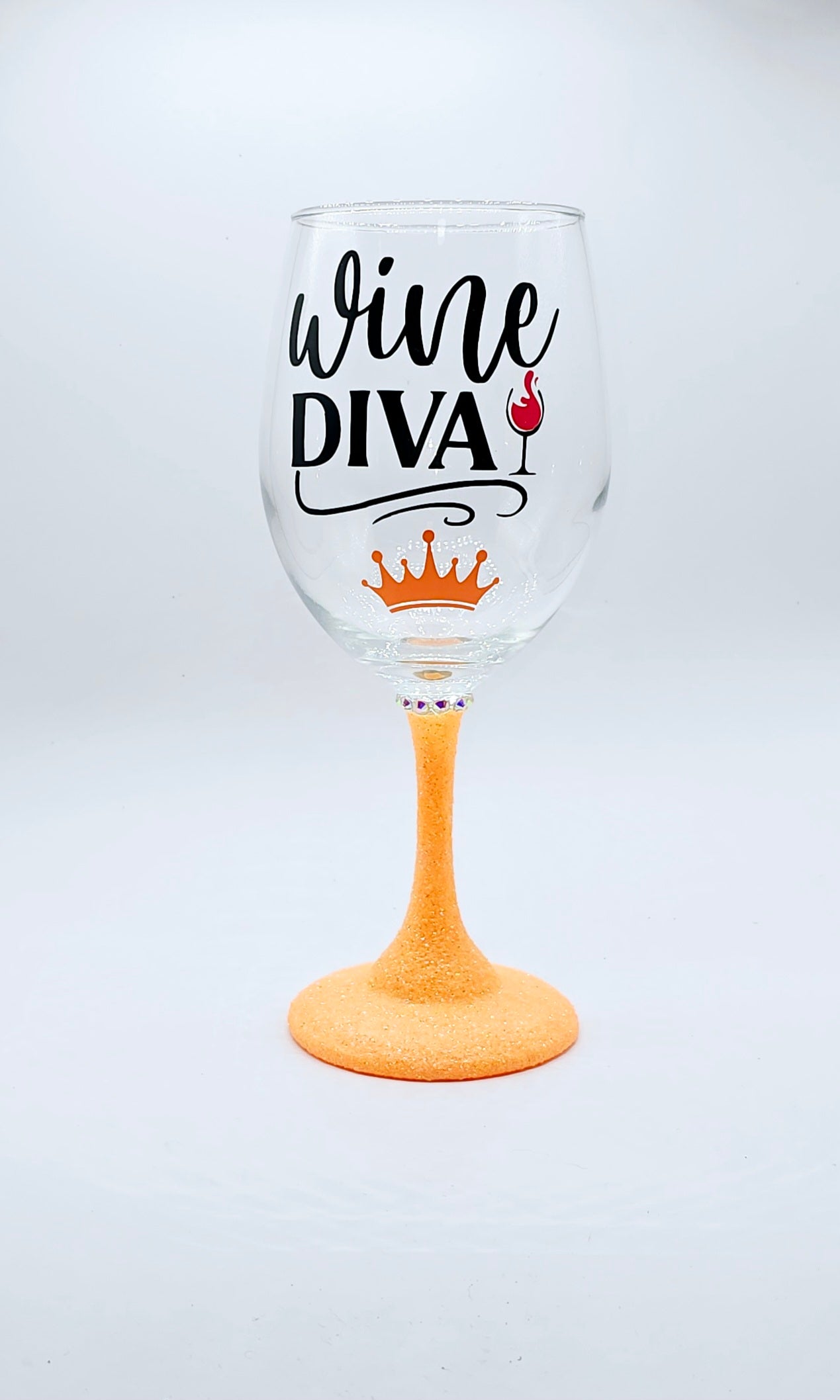 Wine Diva wine glass with orange glitter stem