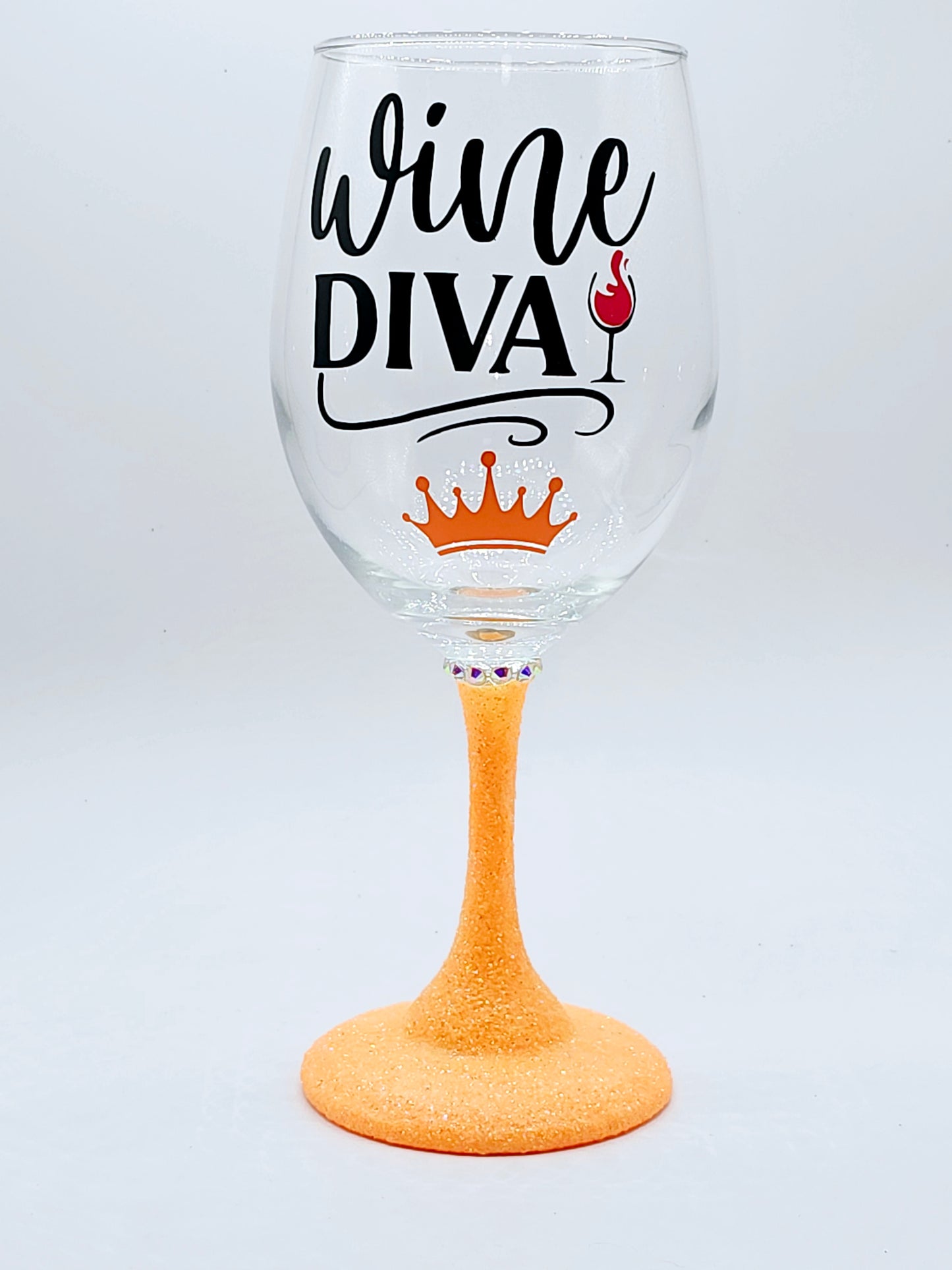 Wine Diva wine glass with orange glitter stem