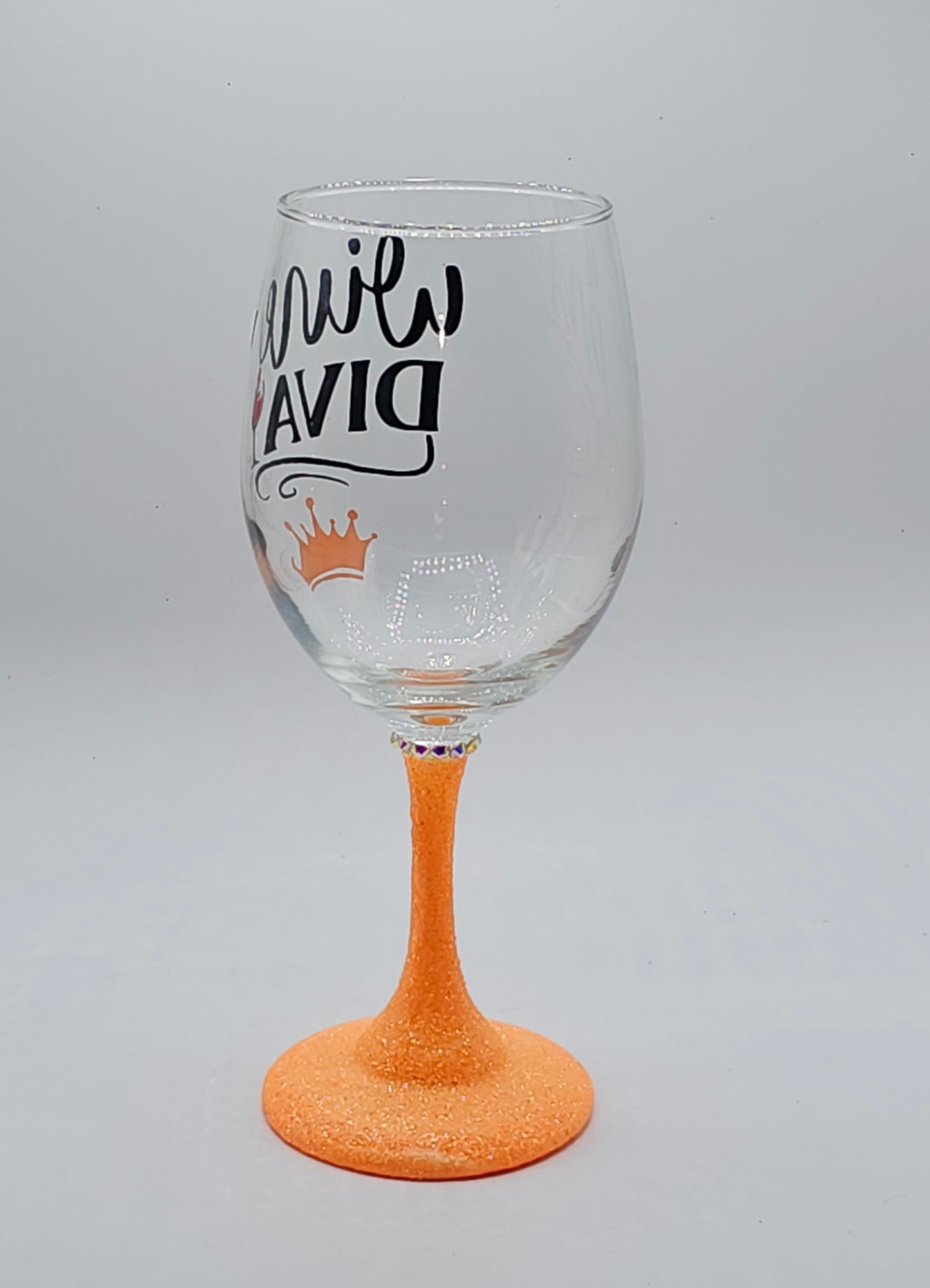 Wine Diva wine glass with orange glitter stem