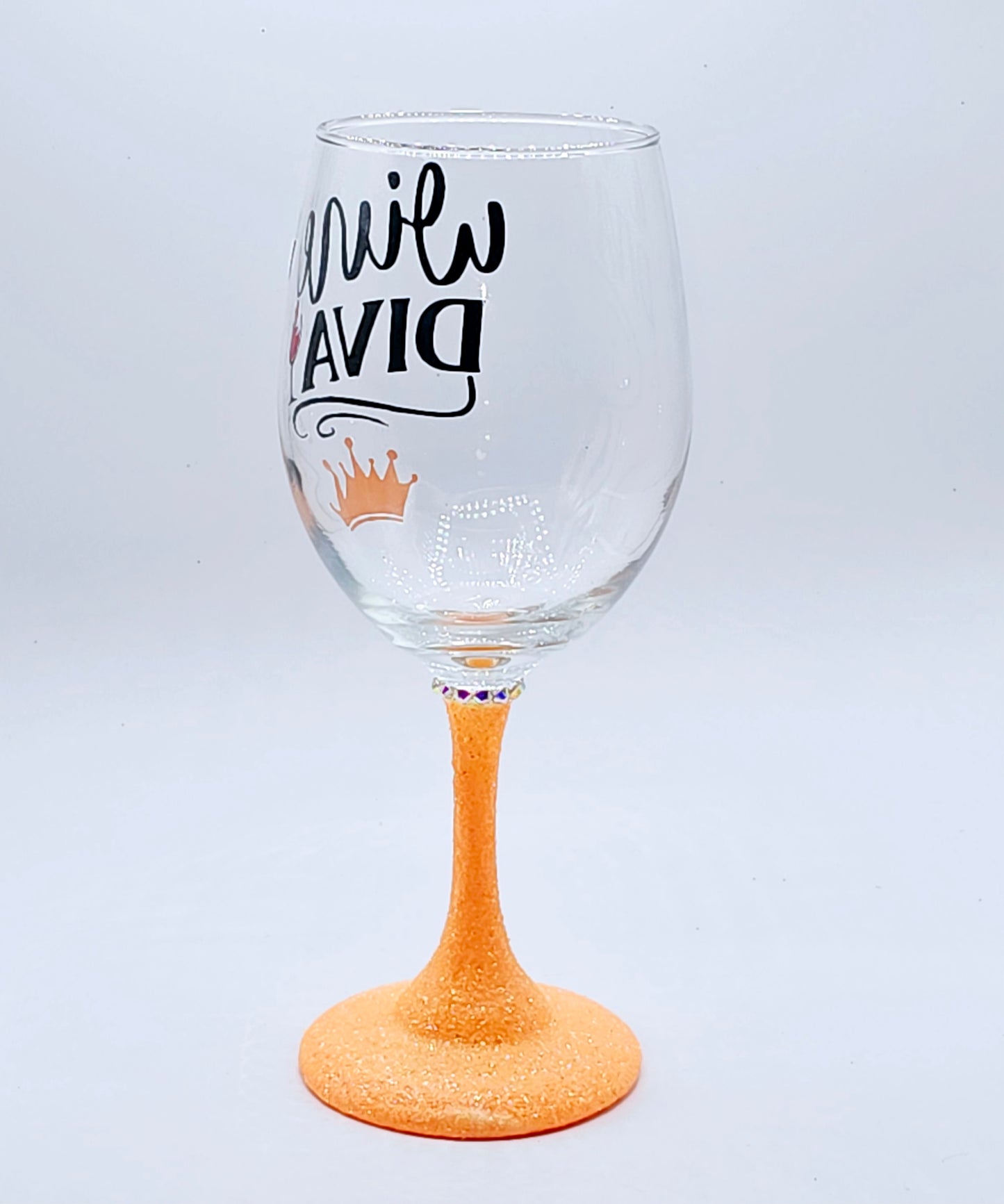 Wine Diva wine glass with orange glitter stem