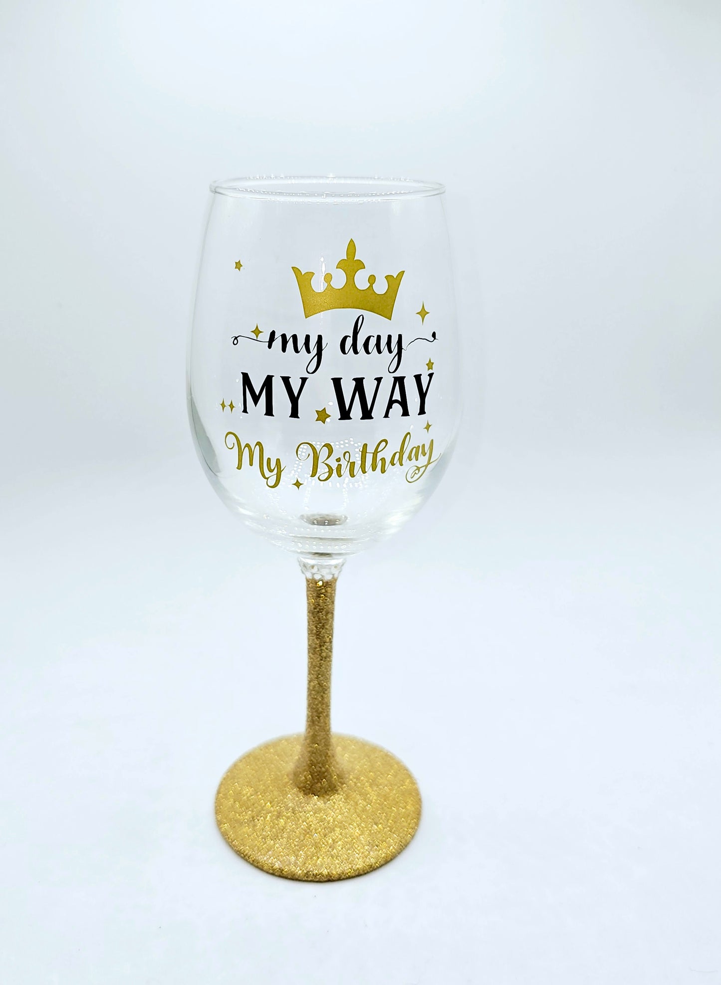 My Day My Birthday wine glass with gold stem