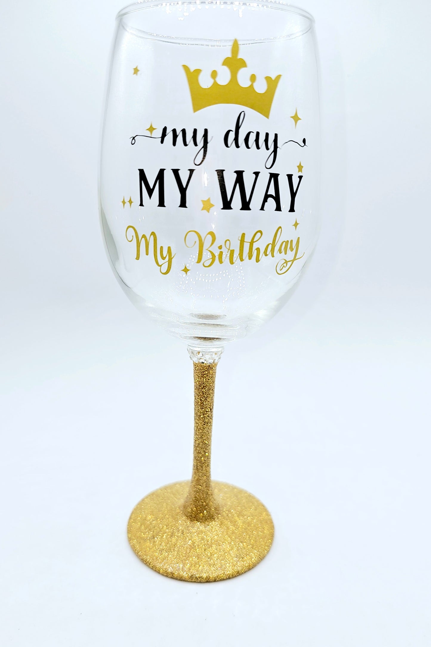 My Day My Birthday wine glass with gold stem