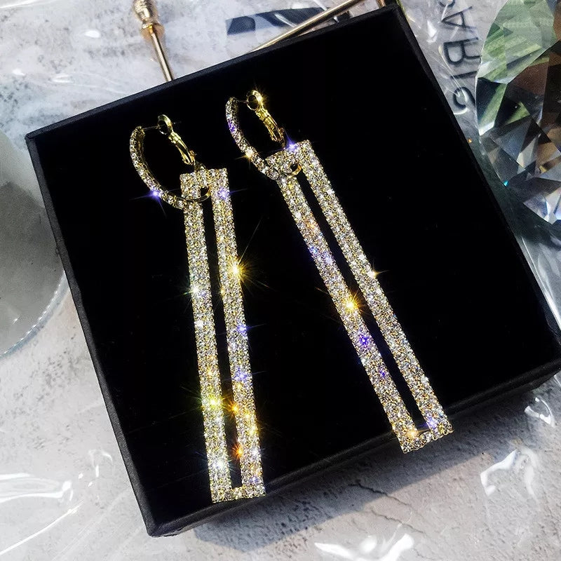 Luxury Gold Silver Color Rectangle Rhinestone Earrings - myfiercefirefashions