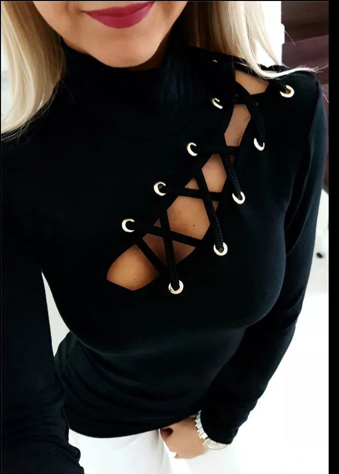 Long Sleeve Bandage Lace Up Shirt - myfiercefirefashions