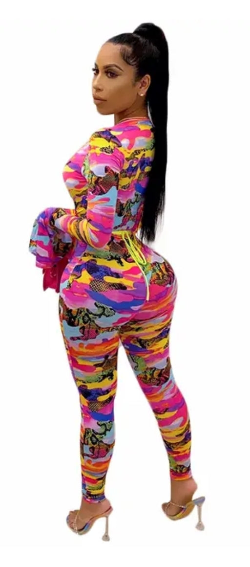 Eye catching long flare sleeve printed bandage bodycon one piece jumpsuit - myfiercefirefashions