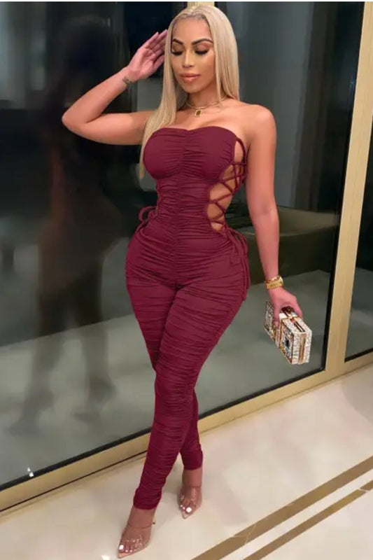 Women Sexy Bandage Off Shoulder Sleeveless Strap Stacked Jumpsuit - myfiercefirefashions