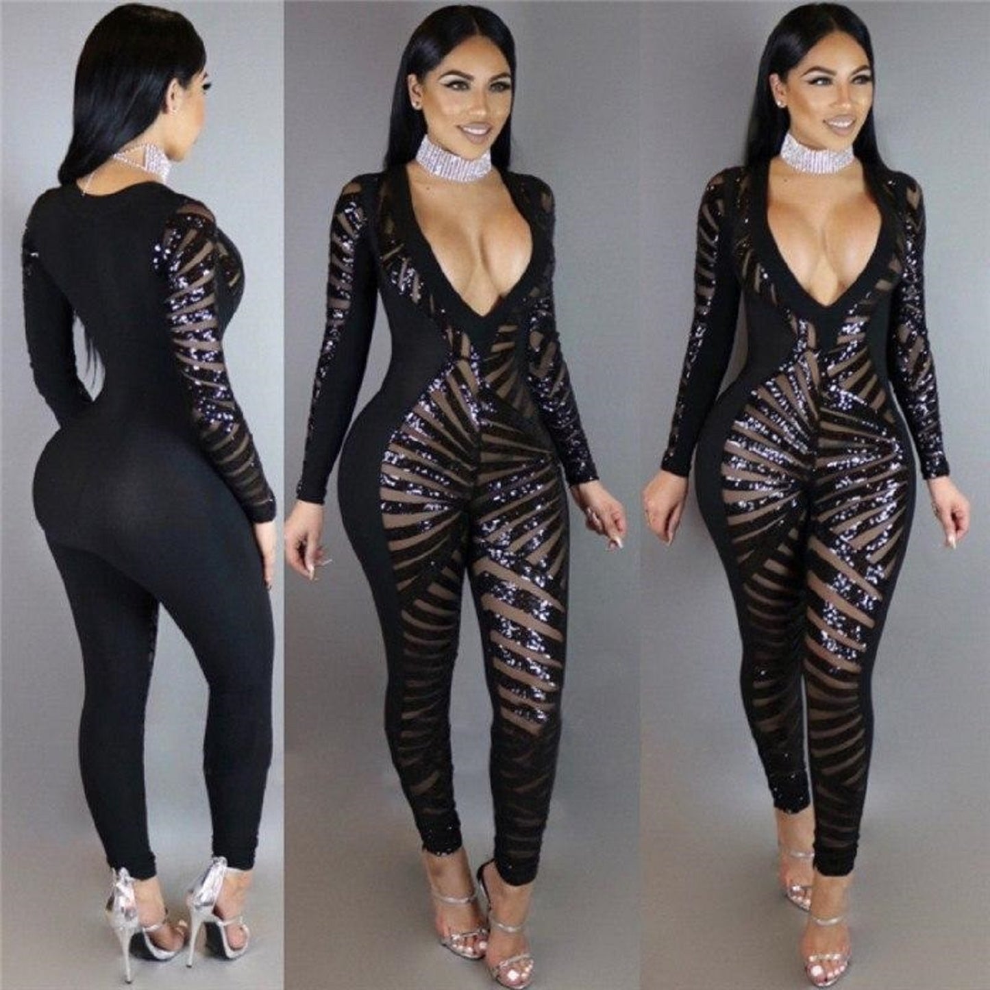 Deep V Alluring Sequin Jumpsuit - myfiercefirefashions